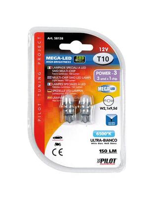 T10 W5W 12V W2,1x9,5d 150lm MEGA-LED 3 ΛΕΥΚΟ ΦΩΣ 11x27mm 2ΤΕΜ.