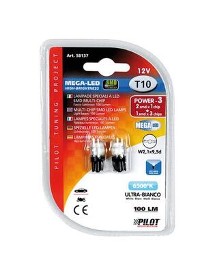T10 W5W 12V W2,1x9,5d 100lm MEGA-LED 3 ΛΕΥΚΟ ΦΩΣ 10x25mm 2ΤΕΜ.