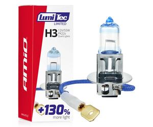 Amio - Λαμπτήρας Αλογόνου LumiTec Limited +130% τύπου H3 12V ισχύος 55W με βάση PK22s και λευκό φως 4300K για ενισχυμένη ορατότητα και μεγαλύτερη δέσμη έως 40m - 1 Τεμ. (02131/AM)