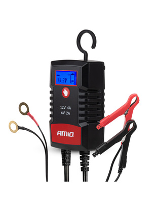 Amio - Φορτιστής Μπαταρίας Ψηφιακός PRO AGM GEL LiFePo4 (LFP) τάση λειτουργίας 6/12V ένταση ρεύματος 4A με γάντζο για Επιβατικά Αυτοκίνητα και Μοτοσυκλέτες - 1 τεμ. (04531/AM)