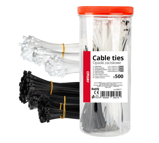Amio - ΔΕΜΑΤΙΚΑ/ΔΕΤΙΚΑ ΚΑΛΩΔΙΩΝ TIE WRAP(ΤΑΙΡΑΠ) 2.5x100mm/3.6x150mm/4.8x200mm ΣΕ ΜΑΥΡΟ ΚΑΙ ΛΕΥΚΟ ΧΡΩΜΑ ΣΕΤ - 500 ΤΕΜ. (04317/AM)