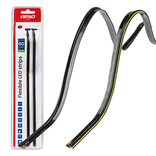 Amio – Ταινία LED COB 12V Πράσινη 2x30cm Flexible Πλαϊνού Φωτισμού για Σήμανση & Εντυπωσιακό Φως – Σετ 2 Τεμ. (04577/AM)