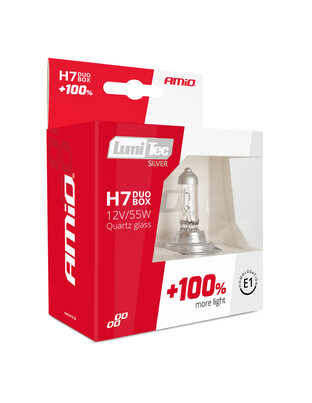 Amio - Λάμπα Αλογόνου Τύπου H7 Lumitec Silver βάση PX26d τάση λειτουργίας 12V απόδοσης 55W χρώμα Λευκό +100% Φωτεινότητα Έως 25m για Επιβατικά Αυτοκίνητα - 2 τεμ. (01403/AM)