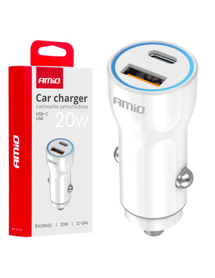 Amio - ΦΟΡΤΙΣΤΗΣ ΑΝΑΠΤΗΡΑ 12/24V ΜΕ 2 ΘΥΡΕΣ USB-C+USB 20W 5V/3AQC ΤΑΧΕΙΑΣ ΦΟΡΤΙΣΗΣ ΛΕΥΚΟ - 1 Τεμ. (03881/AM)