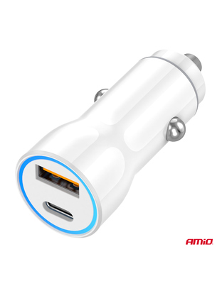 Amio - ΦΟΡΤΙΣΤΗΣ ΑΝΑΠΤΗΡΑ 12/24V ΜΕ 2 ΘΥΡΕΣ USB-C+USB 20W 5V/3AQC ΤΑΧΕΙΑΣ ΦΟΡΤΙΣΗΣ ΛΕΥΚΟ - 1 Τεμ. (03881/AM)