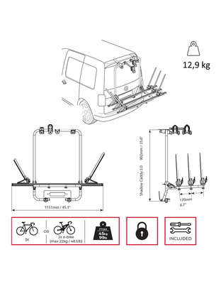 Menabo - Βάση Ποδηλάτου Shadow για 3 Ποδήλατα ή Fat Bikes με Quick Lock System για VW Caddy 2.0 (2021>) Van / SUV με Ασφαλή Μεταφορά Φορτίου - 1 Σετ (12950/MB)