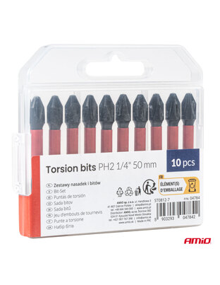 Amio – Μύτες Στρέψης Torsion PH2 HEX 1/4" 50mm Heavy Duty για Σταθερή Τοποθέτηση Εργαλείου & Καθημερινή Χρήση – Σετ 10 Τεμ. (04784/AM)