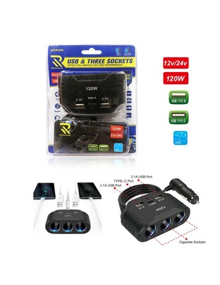 RCHANG ΦΟΡΤΙΣΤΗΣ ΑΥΤΟΚΙΝΗΤΟΥ ΜΕ 2 ΘΥΡΕΣ USB & TYPE-C 120W 12V/24V W16478