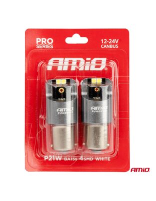 Amio - ΛΑΜΠΕΣ LED CAN-BUS P21W BA15S 12/24V 6.000K 4xSMD ΛΕΥΚΟ PRO SERIES - 2 ΤΕΜ. (03583/AM)