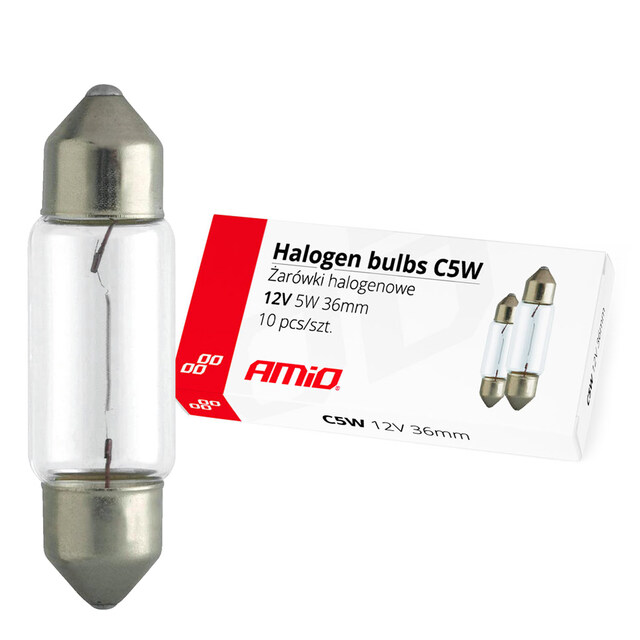 Amio – Λαμπτήρες Αλογόνου C5W SV8.5 12V 5W 36mm για Πλαφονιέρα Αυτοκινήτου – Κουτί 10 Τεμ. (01486/AM)