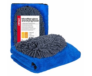 Amio - Σετ Περιποίησης με Γάντι Πλυσίματος 20x26cm (94g/sqm) και Πανί Στεγνώματος Μικροϊνών 60x90cm υψηλής απορροφητικότητας (800g/sqm) για Επιβατικά Αυτοκίνητα - 1 σετ (04489/AM)