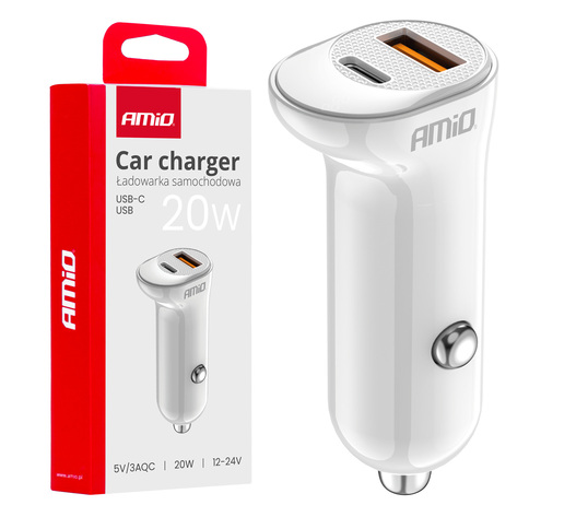 Amio - ΦΟΡΤΙΣΤΗΣ ΑΝΑΠΤΗΡΑ 12/24V ΜΕ 2 ΘΥΡΕΣ USB-C+USB 20W 5V/3AQC ΤΑΧΕΙΑΣ ΦΟΡΤΙΣΗΣ ΛΕΥΚΟΣ - 1 Τεμ. (03875/AM)