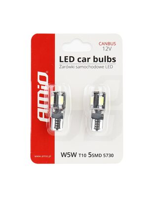 Amio – Λαμπάκια LED T10 W5W 12V 2W 5600K 5xSMD 5730 CANBUS Καρφωτά για Ισχυρό Λευκό Φωτισμό χωρίς Σφάλματα – Σετ 2 Τεμ. (01628/AM)