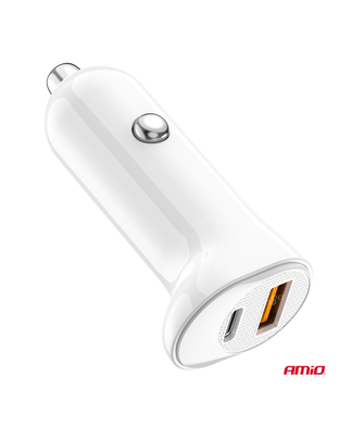 Amio - ΦΟΡΤΙΣΤΗΣ ΑΝΑΠΤΗΡΑ 12/24V ΜΕ 2 ΘΥΡΕΣ USB-C+USB 20W 5V/3AQC ΤΑΧΕΙΑΣ ΦΟΡΤΙΣΗΣ ΛΕΥΚΟΣ - 1 Τεμ. (03875/AM)