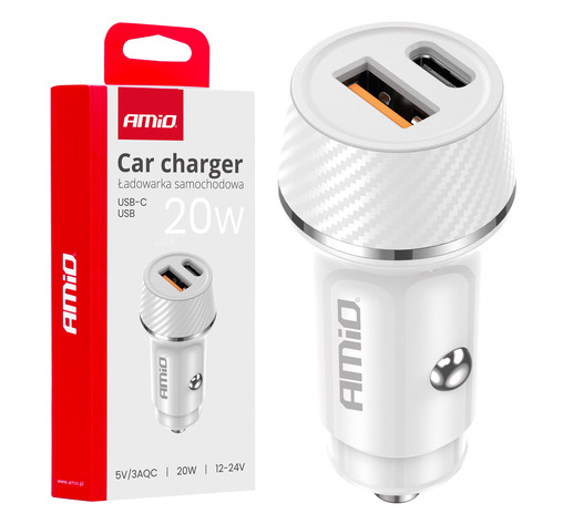 Amio - ΦΟΡΤΙΣΤΗΣ ΑΝΑΠΤΗΡΑ 12/24V ΜΕ 2 ΘΥΡΕΣ USB-C+USB 20W 5V/3AQC ΤΑΧΕΙΑΣ ΦΟΡΤΙΣΗΣ ΛΕΥΚΟΣ - 1 Τεμ. (03878/AM)
