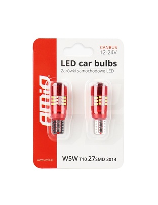 Amio – LED CANBUS T10 W5W 12V W2.1x9.5d 5600K 27xSMD 3014HP Καρφωτό Λευκό για Φώτα Θέσης & Εσωτερικού Αυτοκινήτου – 2 Τεμ. (01446/AM)