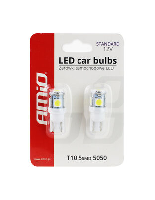 Amio - Λάμπες LED T10 W5W 12V W2.1x9.5d Λευκό Φως 5600K με 5 SMD 5050 chips Καρφωτές για Φώτα Θέσης Πινακίδας και Εσωτερικού Φωτισμού Αυτοκινήτου - 1 σετ (01284/AM)
