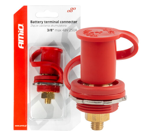 Amio - ΠΟΛΟΣ ΜΠΑΤΑΡΙΑΣ ΘΕΤΙΚΟΣ 3/8'' M10 max.48V 250A ΣΕ ΚΟΚΚΙΝΟ ΧΡΩΜΑ ΜΕ ΚΑΠΑΚΙ - 1 Τεμ. (03814/AM)