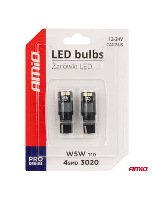 Amio - ΛΑΜΠΑΚΙΑ LED T10 W5W W10W 12/24V LED 4xSMD3020 CAN-BUS ΛΕΥΚΟ - 2 ΤΕΜ. (03717/AM)