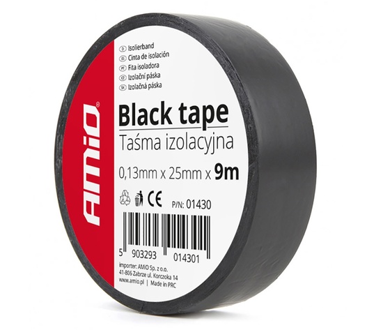Amio – Μονωτική Ταινία Μαύρη PVC 25mm x 9m για Ηλεκτρικές Εγκαταστάσεις Αυτοκινήτου – 1 Τεμ. (01430/AM)