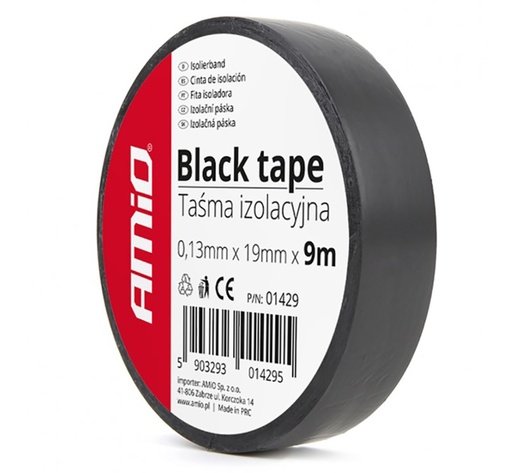 Amio – Μονωτική Ταινία Μαύρη PVC 19mm x 9m για Ηλεκτρικές Εγκαταστάσεις Αυτοκινήτου – 1 Τεμ. (01429/AM)