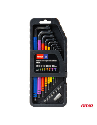 Amio – Κλειδιά Allen Imbus CR-V 1.5-10mm με Μύτες & Αντάπτορα Heavy Duty για Σταθερή Τοποθέτηση Εργαλείου & Καθημερινή Χρήση – Σετ 18 Τεμ. (04787/AM)