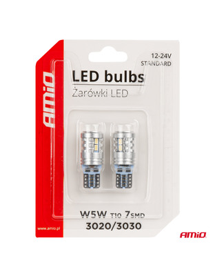 Amio - ΛΑΜΠΑΚΙΑ LED T10 W5W 12/24V LED 6x3020+1x3030SMD STANDARD ΛΕΥΚΑ - 2 ΤΕΜ. (03718/AM)