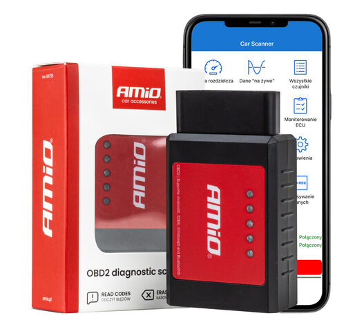Amio - Διαγνωστικό Αυτοκινήτου OBD 2 τύπου ELM327 Bluetooth XL τάση λειτουργίας 12V με ασύρματη σύνδεση για Επιβατικά Αυτοκίνητα - 1 τεμ. (04733/AM)