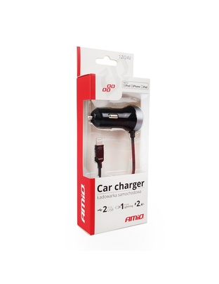 Amio - Φορτιστής Αναπτήρα 12-24V 2.4A με 2 θύρες USB και καλώδιο Lightning για ταυτόχρονη φόρτιση συσκευών με σταθερή παροχή ρεύματος σε αυτοκίνητα και επαγγελματικά οχήματα - 1 Τεμ. (02057/AM)