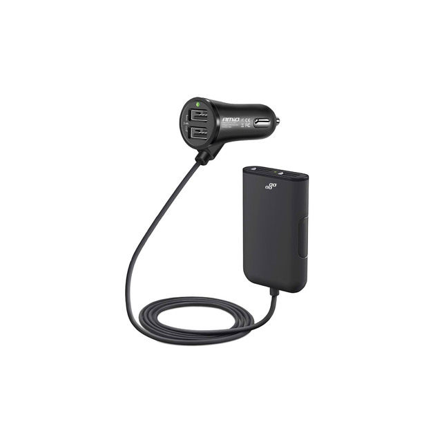 Amio - Φορτιστής Αναπτήρα με 4 Θύρες USB 12-24V 4.8A και καλώδιο επέκτασης 1.5m για φόρτιση μπροστά και πίσω σε αυτοκίνητο με σταθερή απόδοση - 1 Τεμ. (01986/AM)