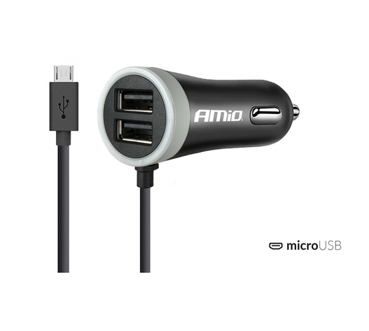 Amio - Φορτιστής Αναπτήρα 12-24V 2.4A με 2 θύρες USB και καλώδιο Micro USB για ταυτόχρονη φόρτιση συσκευών με σταθερή παροχή ρεύματος σε αυτοκίνητα και επαγγελματικά οχήματα - 1 Τεμ. (02056/AM)