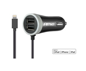 Amio - Φορτιστής Αναπτήρα 12-24V 2.4A με 2 θύρες USB και καλώδιο Lightning για ταυτόχρονη φόρτιση συσκευών με σταθερή παροχή ρεύματος σε αυτοκίνητα και επαγγελματικά οχήματα - 1 Τεμ. (02057/AM)