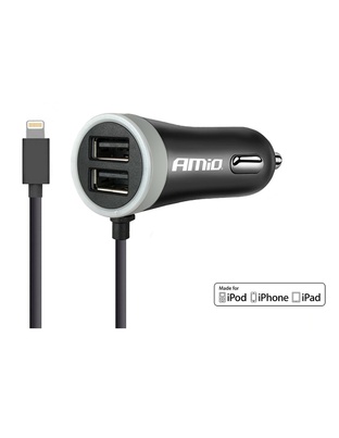 Amio - Φορτιστής Αναπτήρα 12-24V 2.4A με 2 θύρες USB και καλώδιο Lightning για ταυτόχρονη φόρτιση συσκευών με σταθερή παροχή ρεύματος σε αυτοκίνητα και επαγγελματικά οχήματα - 1 Τεμ. (02057/AM)
