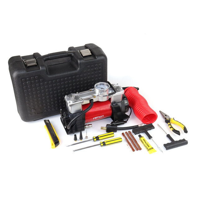 Amio – Κομπρεσέρ Αέρα 12V Διπλού Κυλίνδρου 10BAR 150PSI 60L/min με Μανόμετρο, LED Φακό, Σετ Επισκευής & Βαλιτσάκι για Άμεση Αντιμετώπιση Έκτακτων Αναγκών – 1 Τεμ. (02640/AM)