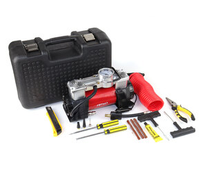 Amio – Κομπρεσέρ Αέρα 12V Διπλού Κυλίνδρου 10BAR 150PSI 60L/min με Μανόμετρο, LED Φακό, Σετ Επισκευής & Βαλιτσάκι για Άμεση Αντιμετώπιση Έκτακτων Αναγκών – 1 Τεμ. (02640/AM)