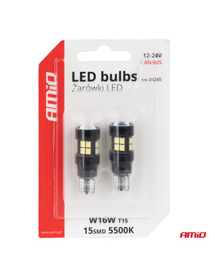 Amio - ΛΑΜΠΑΚΙΑ LED T15 W16W 12V/24V LED CAN-BUS 15xSMD 2835 ΛΕΥΚΟ ΦΩΣ 5.500K (ΣΕ ΧΡΩΜΑ ΜΑΥΡΟ) - 2 ΤΕΜ. (04245/AM)