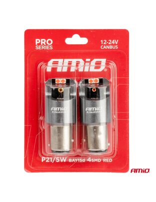 Amio - ΛΑΜΠΑΚΙΑ P21/5W BAY15d 12/24V 6.000K 4xSMD LED CAN-BUS ΚΟΚΚΙΝΟ PRO SERIES - 2 Τεμ. (03586/AM)