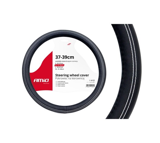 Amio - Κάλυμμα Τιμονιού Τύπου Swc-15-M διάσταση 37-39cm υλικό Δερματίνη χρώμα Μαύρο Με Λευκή Ραφή μέγεθος M για Επιβατικά Αυτοκίνητα - 1 τεμ. (01380/AM)