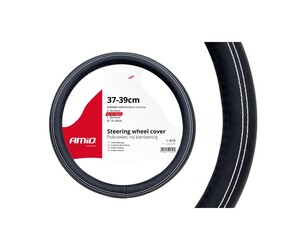 Amio - Κάλυμμα Τιμονιού Τύπου Swc-15-M διάσταση 37-39cm υλικό Δερματίνη χρώμα Μαύρο Με Λευκή Ραφή μέγεθος M για Επιβατικά Αυτοκίνητα - 1 τεμ. (01380/AM)