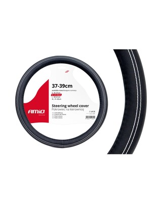 Amio - Κάλυμμα Τιμονιού Τύπου Swc-15-M διάσταση 37-39cm υλικό Δερματίνη χρώμα Μαύρο Με Λευκή Ραφή μέγεθος M για Επιβατικά Αυτοκίνητα - 1 τεμ. (01380/AM)