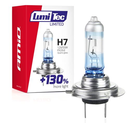 Amio - Λαμπτήρας Αλογόνου LumiTec Limited +130% τύπου H7 12V ισχύος 55W με βάση PX26d και λευκό φως 4300K για αυξημένη ορατότητα και μεγαλύτερη δέσμη έως 40m - 1 Τεμ. (02133/AM)