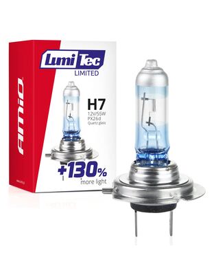 Amio - Λαμπτήρας Αλογόνου LumiTec Limited +130% τύπου H7 12V ισχύος 55W με βάση PX26d και λευκό φως 4300K για αυξημένη ορατότητα και μεγαλύτερη δέσμη έως 40m - 1 Τεμ. (02133/AM)