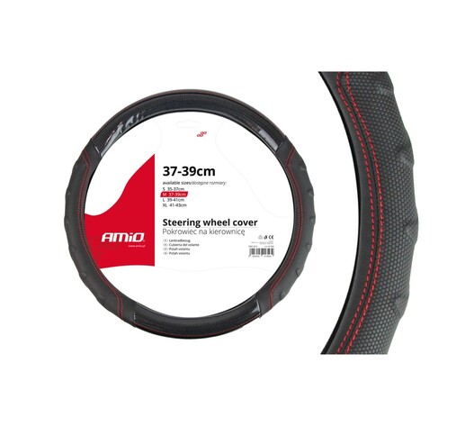 Amio - Κάλυμμα Τιμονιού 37-39cm SWC-21-M Μαύρο με Κόκκινη Ραφή - Σταθερό Κράτημα & Άνεση Οδήγησης - 1 Τεμ (01698/AM)