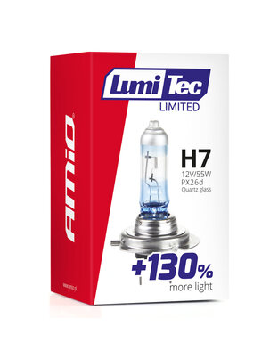 Amio - Λαμπτήρας Αλογόνου LumiTec Limited +130% τύπου H7 12V ισχύος 55W με βάση PX26d και λευκό φως 4300K για αυξημένη ορατότητα και μεγαλύτερη δέσμη έως 40m - 1 Τεμ. (02133/AM)