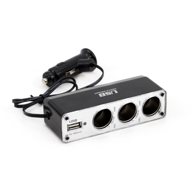 Amio - Αντάπτορας Αναπτήρα Τριπλός με 1 USB 500mA 12/24V 2A Max με Καλώδιο 30cm - Ταυτόχρονη Φόρτιση & Έλεγχος Συσκευών - 1 Τεμ. (01706/AM)