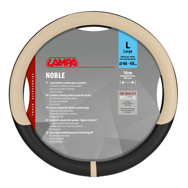 Lampa - Κάλυμμα Τιμονιού Φορτηγού NOBLE από Skeentex L 46-48εκ. Άοσμο Μαλακό αντιολισθητικό εύκολη τοποθέτηση φαρδιά λαβή 10εκ. Μαύρο / Μπέζ - 1 τεμ. (L9708.4)