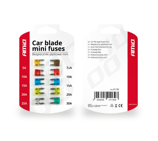 Amio - Ασφάλειες τύπου Mini τάση λειτουργίας 12-24V ένταση ρεύματος 1x5A, 1x7.5A, 2x10A, 2x15A, 2x20A, 1x25A, 1x30A για Επιβατικά Αυτοκίνητα και Φορτηγά - 10 τεμ. (01139/AM)