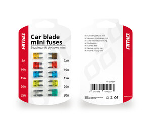 Amio - Ασφάλειες τύπου Mini τάση λειτουργίας 12-24V ένταση ρεύματος 1x5A, 1x7.5A, 2x10A, 2x15A, 2x20A, 1x25A, 1x30A για Επιβατικά Αυτοκίνητα και Φορτηγά - 10 τεμ. (01139/AM)