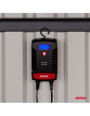 Amio - Φορτιστής Μπαταρίας Ψηφιακός PRO AGM GEL LiFePo4 (LFP) τάση λειτουργίας 12/24V ένταση ρεύματος 8A με γάντζο για Επιβατικά Αυτοκίνητα και Φορτηγά - 1 τεμ. (04533/AM)