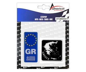 GREECE ΑΥΤΟΚΟΛΛΗΤΟ GR ΚΑΘΕΤΟ 10,4 Χ 4,5 cm ΚΑΙ ΧΑΡΤΗΣ ΕΛΛΑΔΟΣ 8 Χ 8 cm (ΜΑΥΡΟ) ΜΕ ΕΠΙΚΑΛΥΨΗ ΣΜΑΛΤΟΥ - 2 ΤΕΜ.